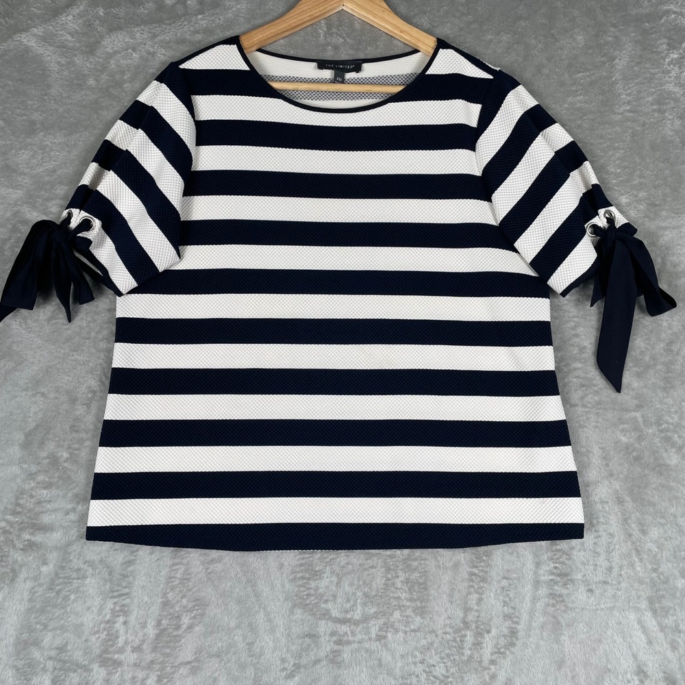 The Limited Navy White Striped Grommet Tie Sleeve Top PM Petite Medium